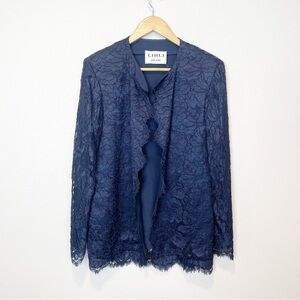 Vintage Lihli Navy Lace Blazer Size 14 Scalloped Front Trim Silk Lining